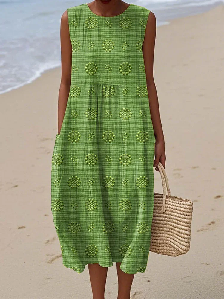 Women Floral Sleeveless Summer Printing Dress Crew Neck Daily Casual Maxi Tank H-Line Dress