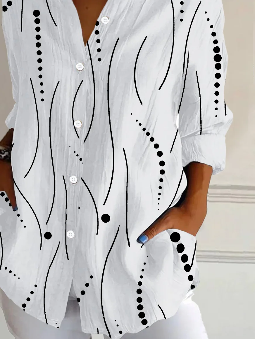 Women Polka Dots Long Sleeve Shirt Spring/Fall Buckle Shirt Collar Daily Casual Top