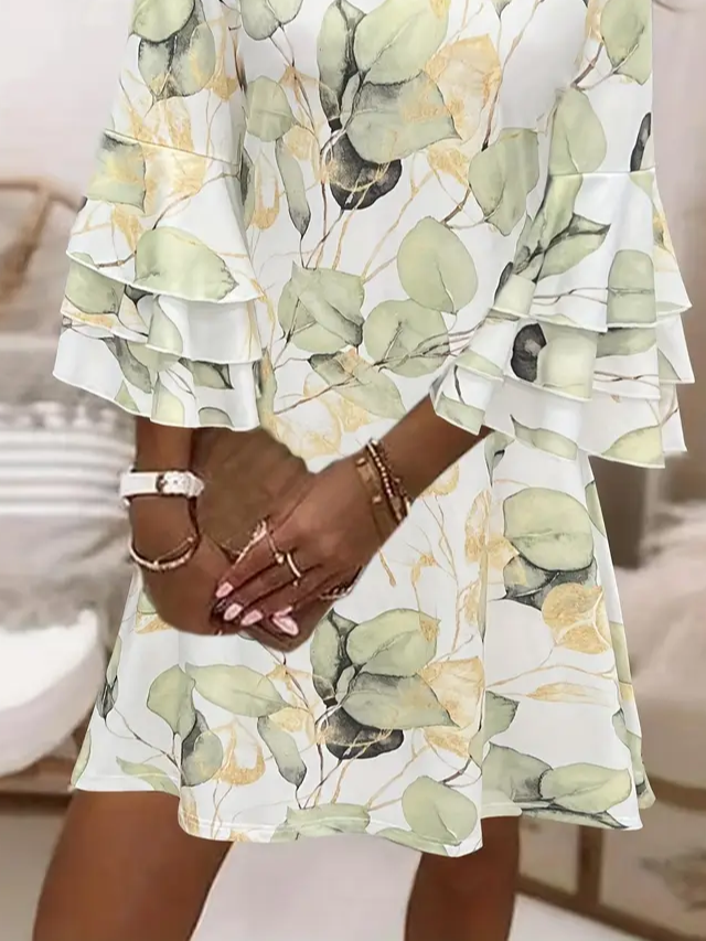 Women Floral Half Sleeve Summer Printing Dress V Neck Daily Casual Maxi H-Line Dress