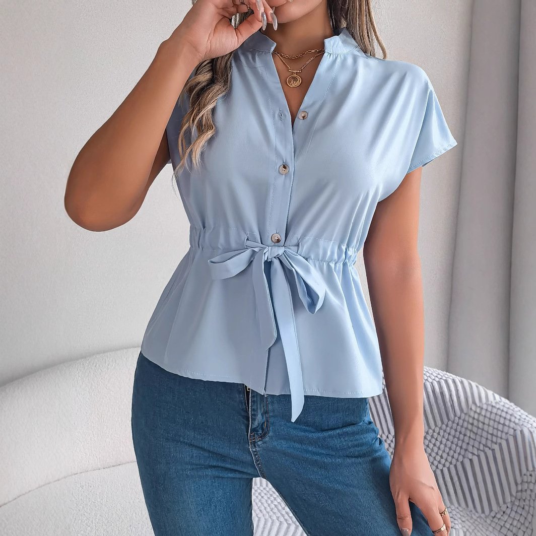 Women Plain Short Sleeve Shirt Summer Lace-up V Neck Daily Casual Top