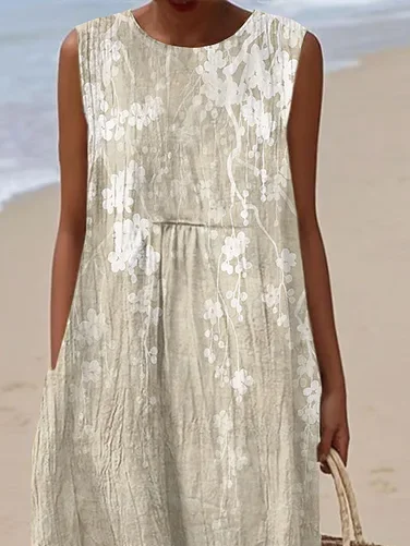 Women Floral Sleeveless Summer Printing Dress Crew Neck Daily Casual Maxi Tank H-Line Dress