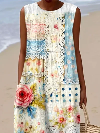 Women Floral Sleeveless Summer Printing Dress Crew Neck Daily Casual Maxi Tank H-Line Dress