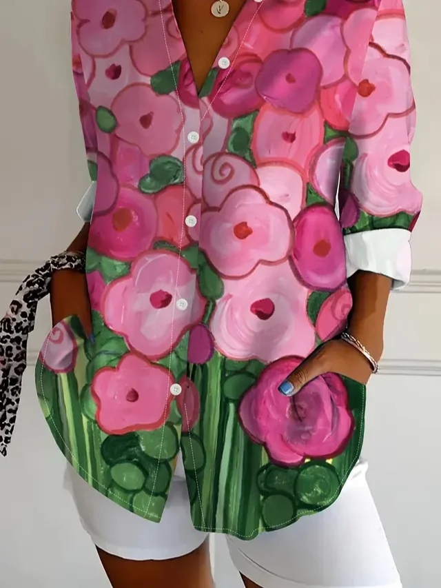 Women Floral Long Sleeve Shirt Spring/Fall Buckle Shirt Collar Daily Casual Top