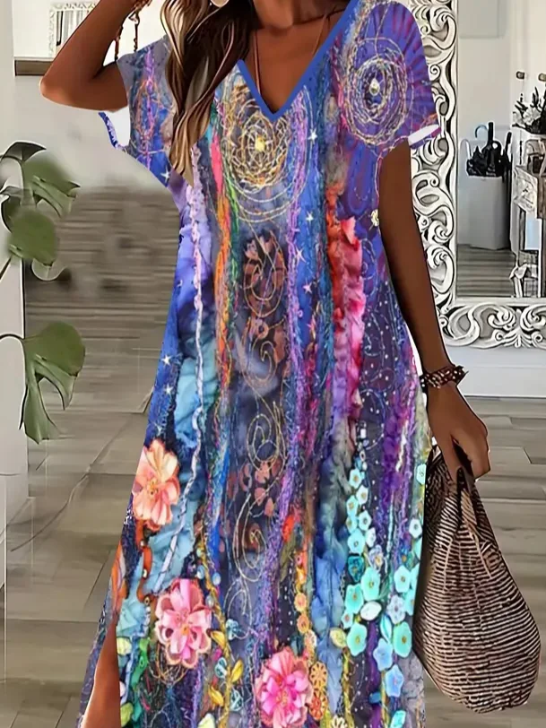 Women Floral Short Sleeve Summer Printing Dress V Neck Daily Casual Maxi X-Line Dress