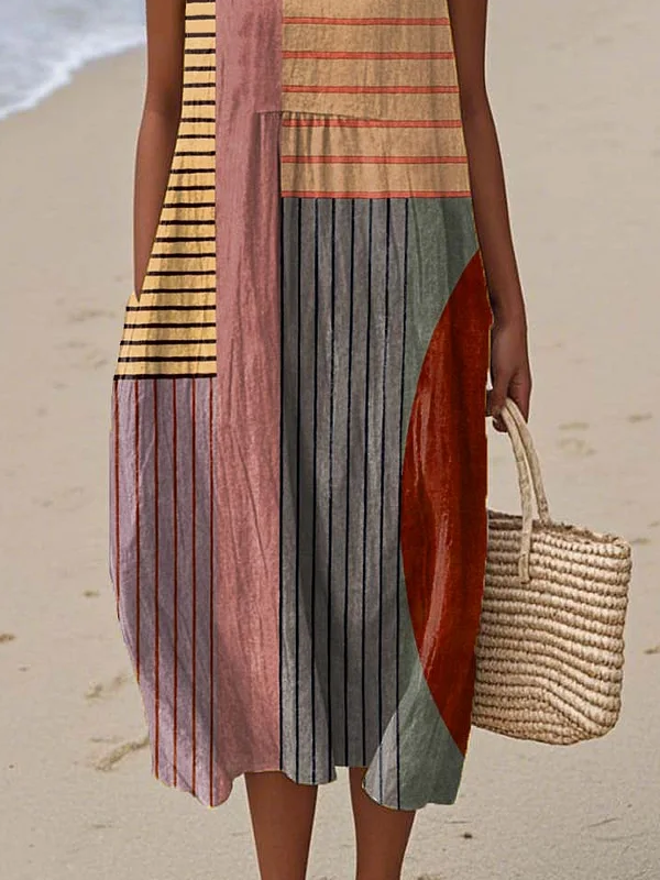 Women Striped Sleeveless Summer Printing Dress Crew Neck Daily Casual Maxi Tank H-Line Dress