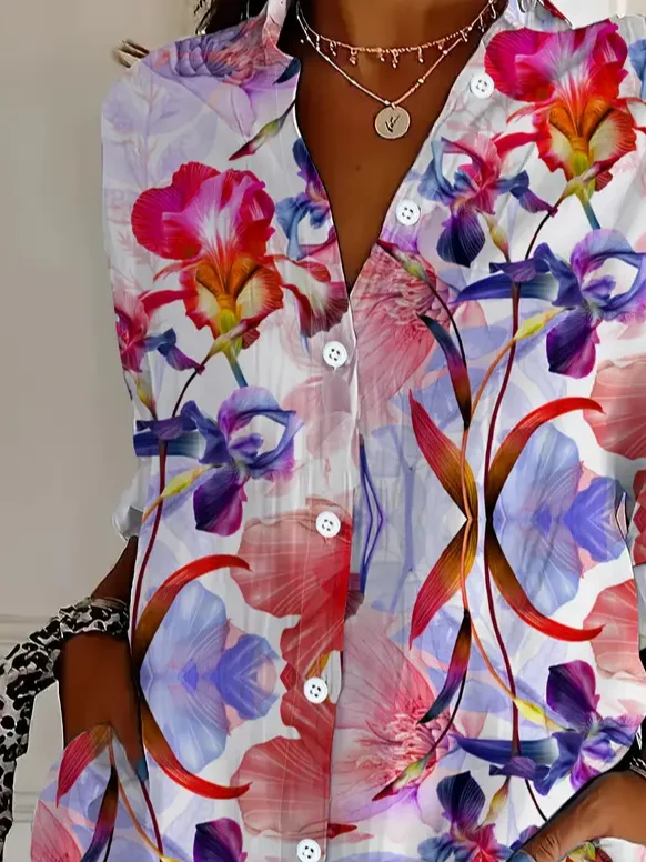 Women Floral Long Sleeve Shirt Spring/Fall Buckle Shirt Collar Daily Casual Top
