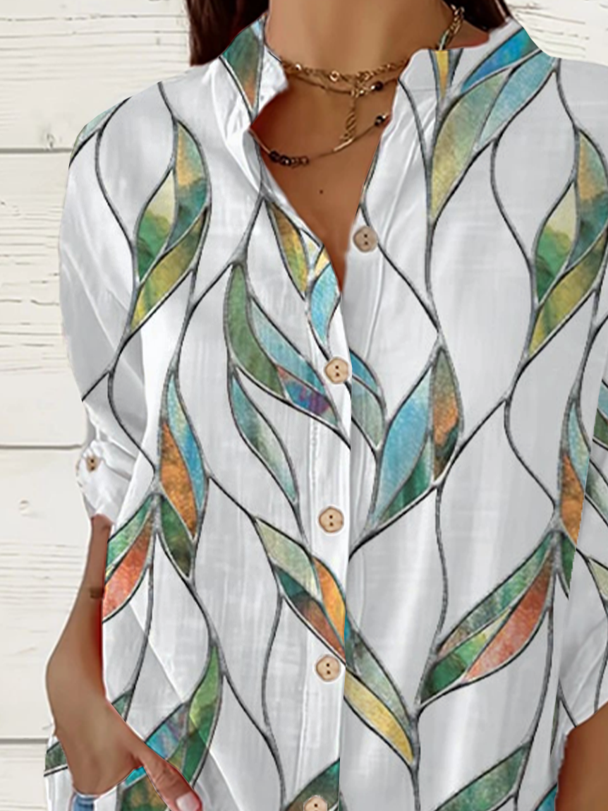 Women Leaf Long Sleeve Shirt Spring/Fall Printing Stand Collar Daily Casual Top