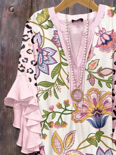Women Floral Half Sleeve Shirt Summer Printing V Neck Daily Casual Top