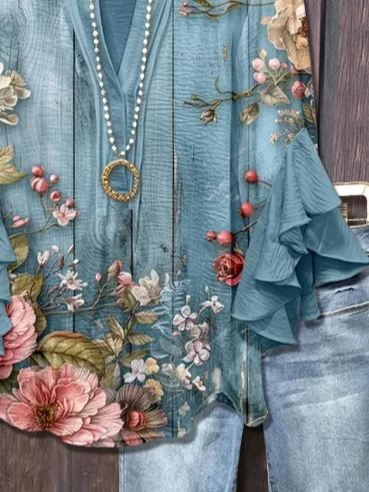 Women Floral Half Sleeve Shirt Summer Printing V Neck Daily Casual Top