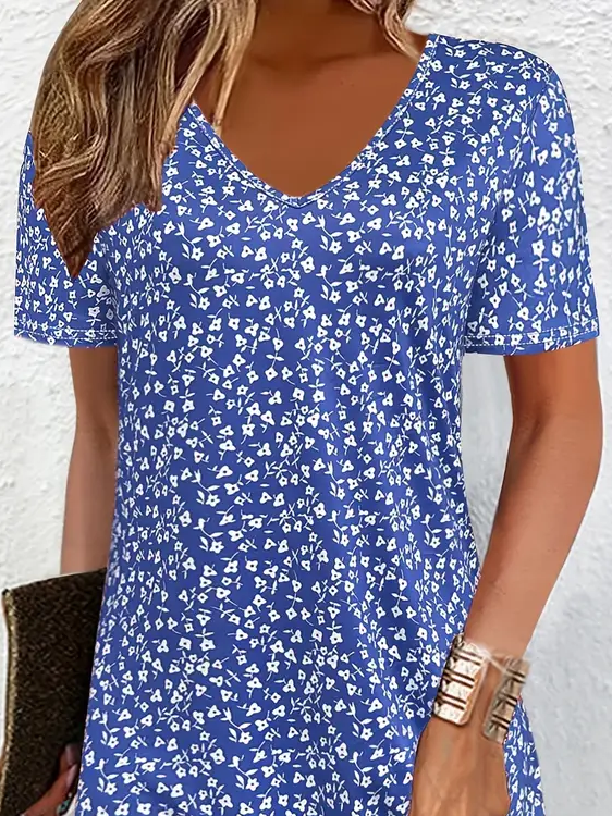 Women Floral Short Sleeve Summer Printing Dress V Neck Daily Casual Midi Fit & Flare Dress A-Line Dress