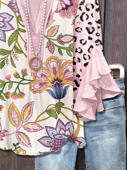 Women Floral Half Sleeve Shirt Summer Printing V Neck Daily Casual Top