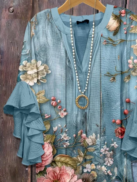 Women Floral Half Sleeve Shirt Summer Printing V Neck Daily Casual Top