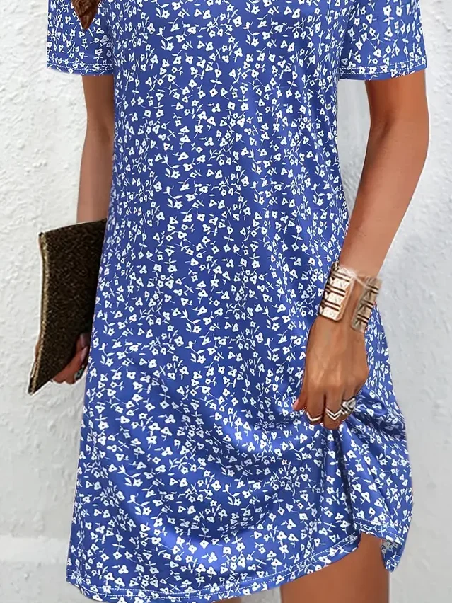 Women Floral Short Sleeve Summer Printing Dress V Neck Daily Casual Midi Fit & Flare Dress A-Line Dress