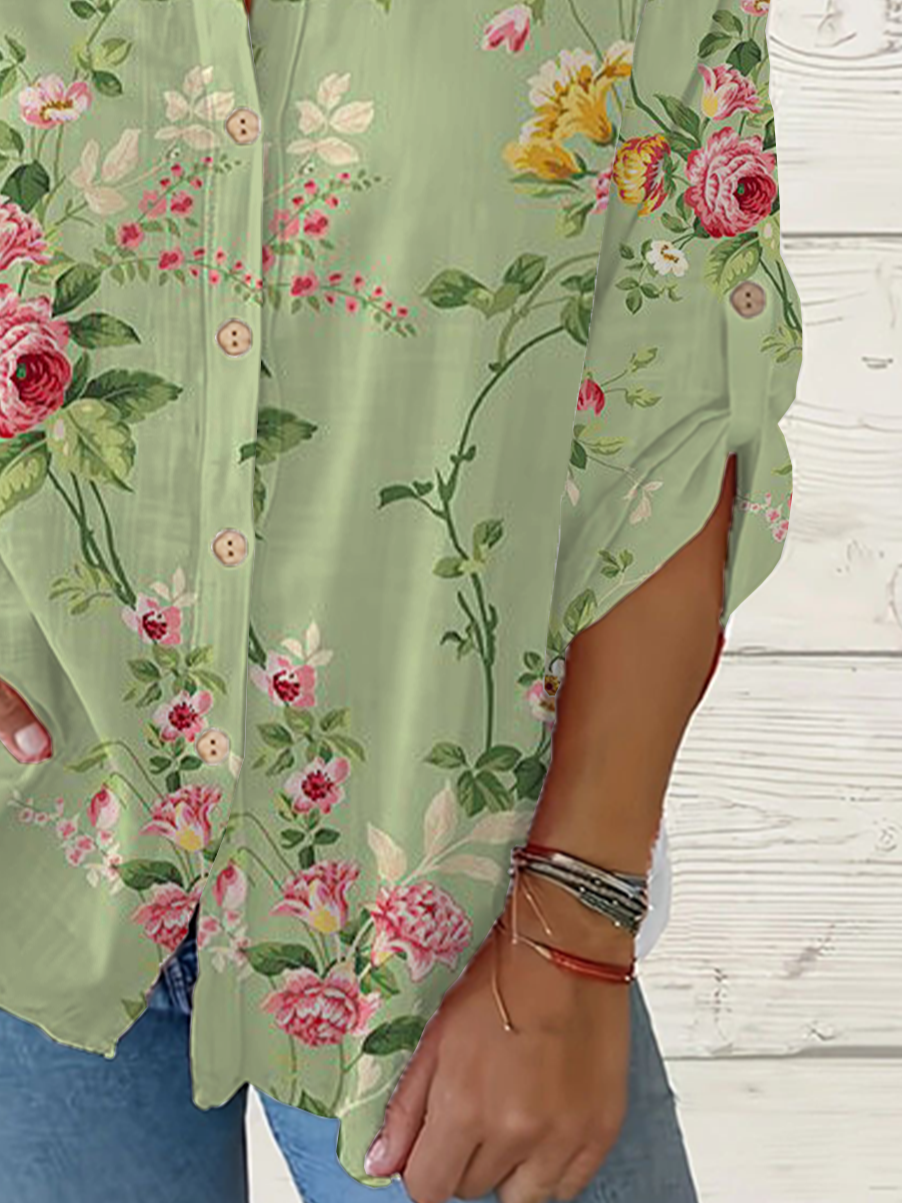 Women Floral Long Sleeve Shirt Spring/Fall Printing Stand Collar Daily Casual Top