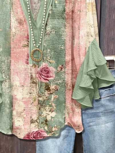 Women Floral Half Sleeve Shirt Summer Printing V Neck Daily Casual Top