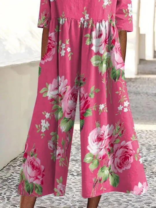 Women Floral Crew Neck Short Sleeve Casual Summer Jumpsuit