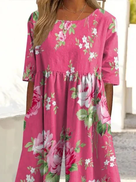 Women Floral Crew Neck Short Sleeve Casual Summer Jumpsuit