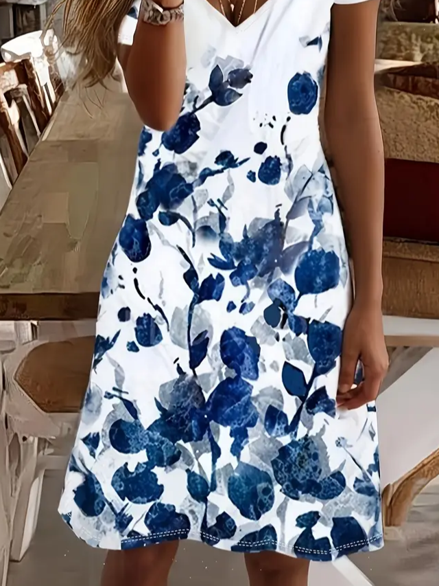 Women Floral Short Sleeve Summer Printing Dress V Neck Daily Casual Midi Fit & Flare Dress A-Line Dress