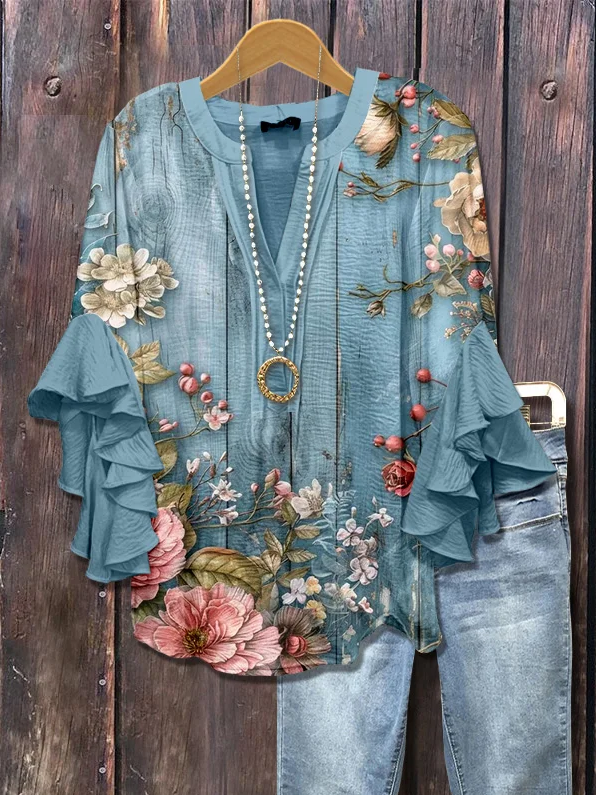 Women Floral Half Sleeve Shirt Summer Printing V Neck Daily Casual Top