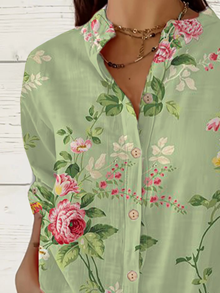 Women Floral Long Sleeve Shirt Spring/Fall Printing Stand Collar Daily Casual Top
