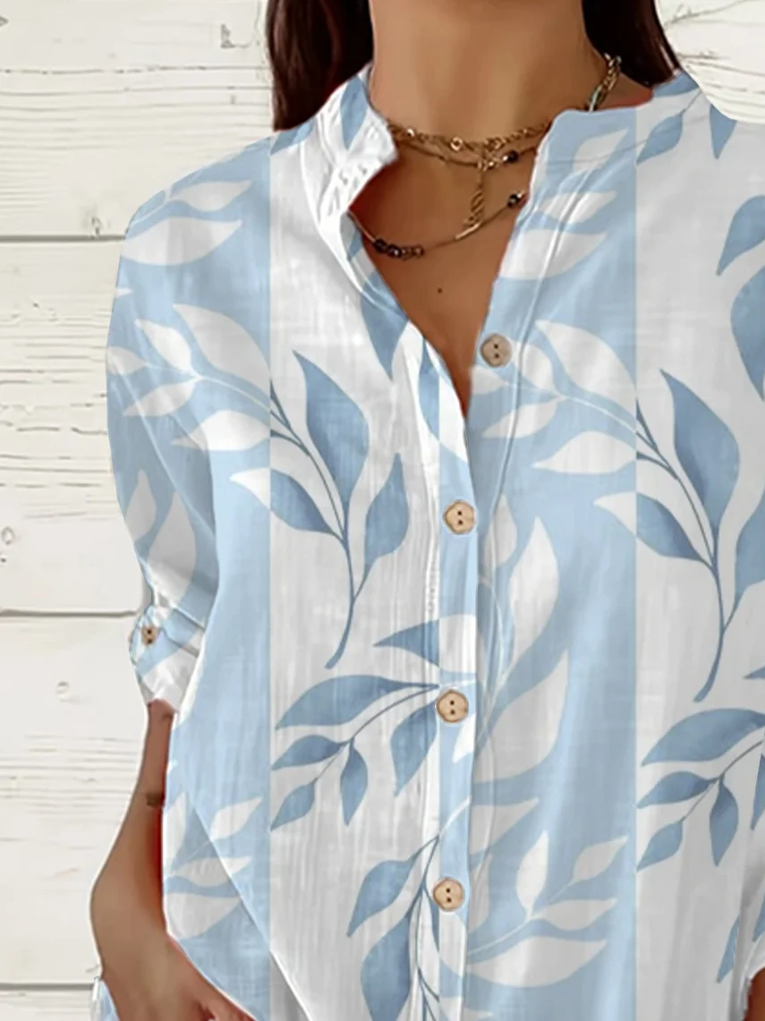 Women Floral Long Sleeve Shirt Spring/Fall Printing Stand Collar Daily Casual Top