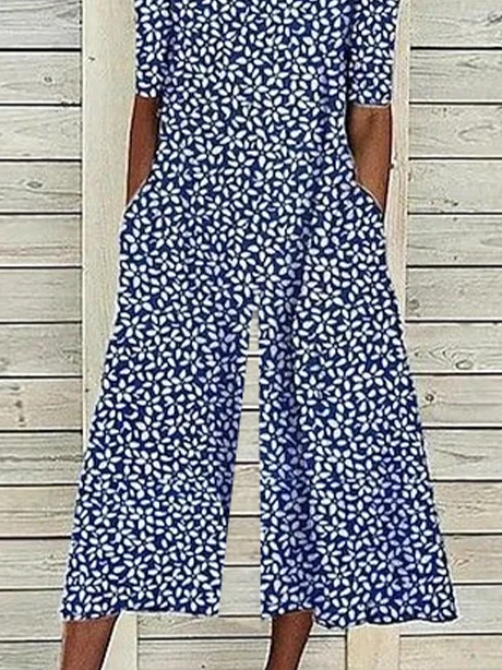 Women Floral Crew Neck Short Sleeve Casual Summer Jumpsuit