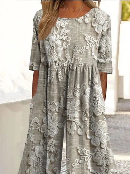 Women Floral Crew Neck Short Sleeve Casual Summer Jumpsuit