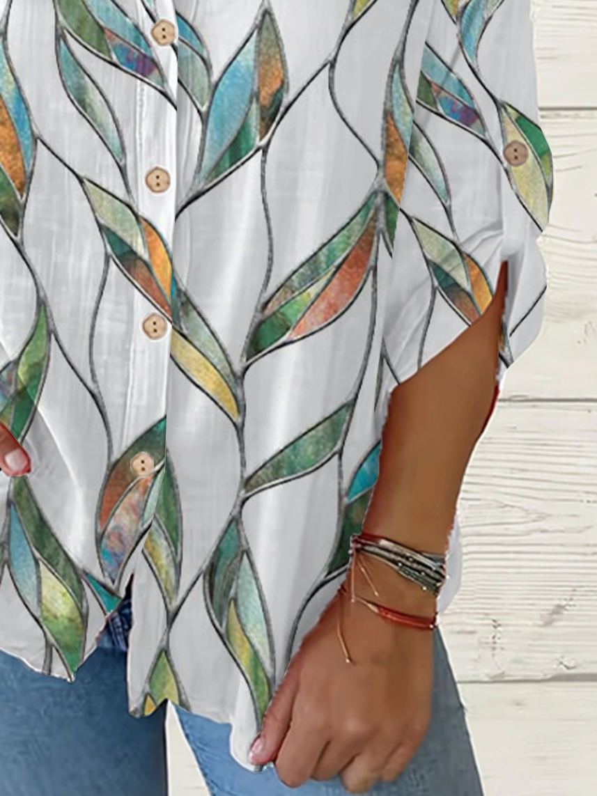 Women Leaf Long Sleeve Shirt Spring/Fall Printing Stand Collar Daily Casual Top