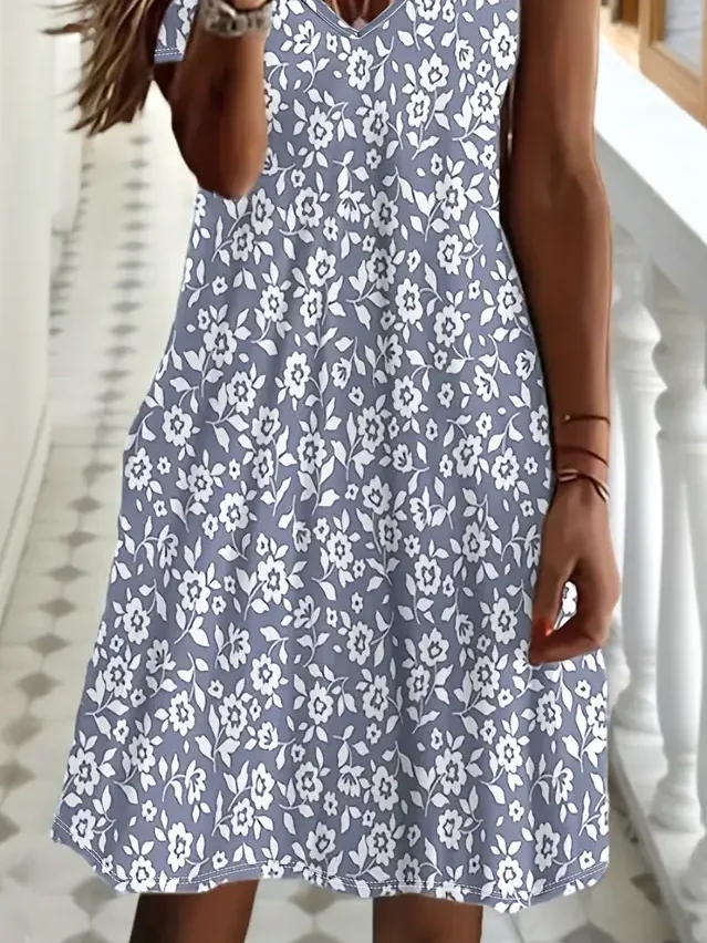 Women Floral Short Sleeve Summer Printing Dress V Neck Daily Casual Midi Fit & Flare Dress A-Line Dress