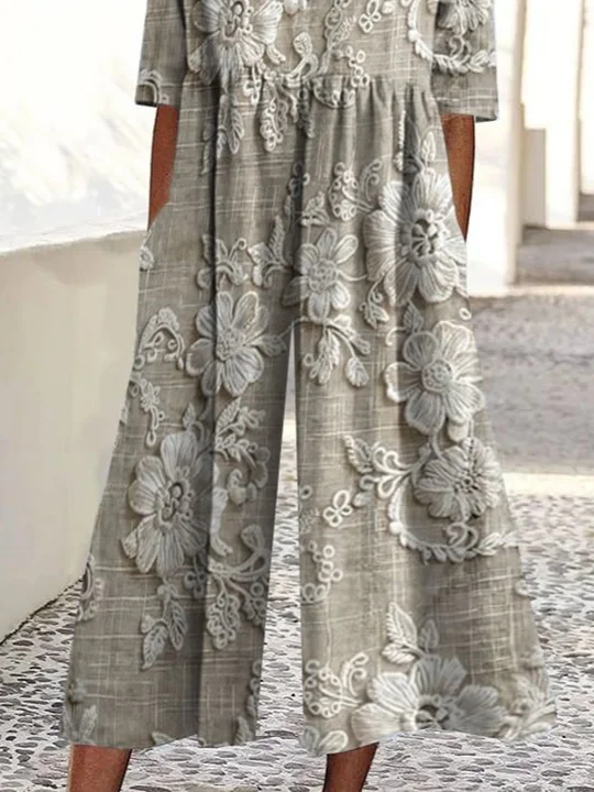 Women Floral Crew Neck Short Sleeve Casual Summer Jumpsuit