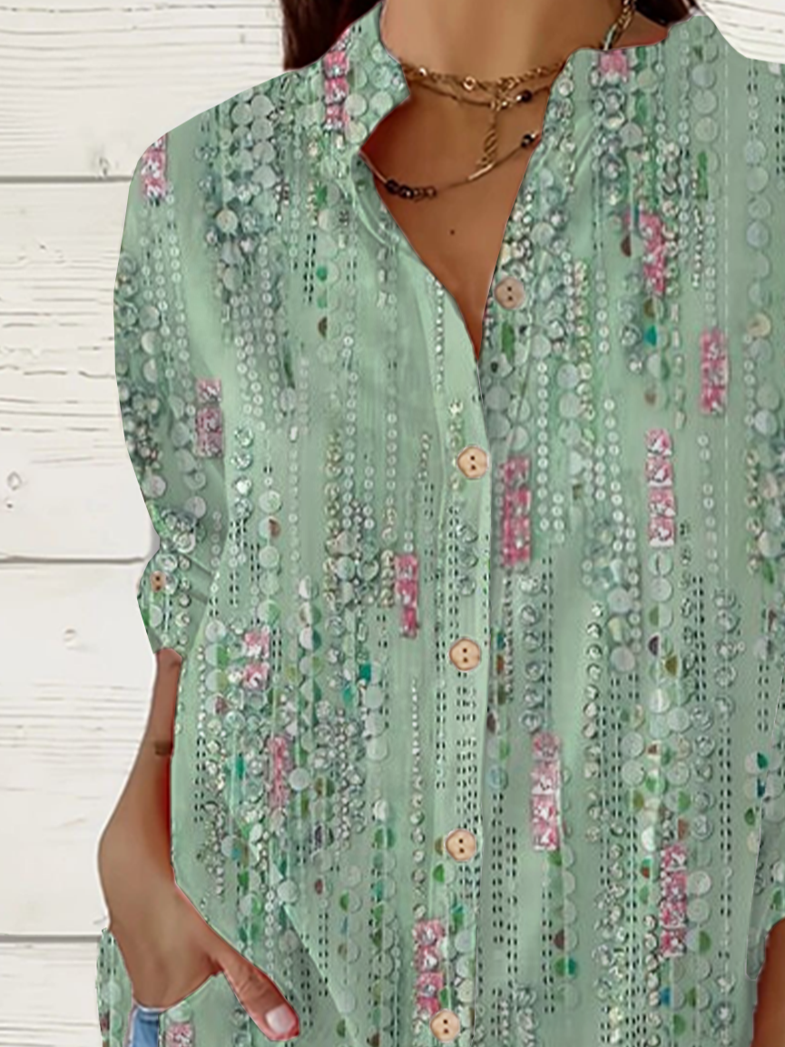 Women Abstract Long Sleeve Shirt Spring/Fall Printing Stand Collar Daily Casual Top
