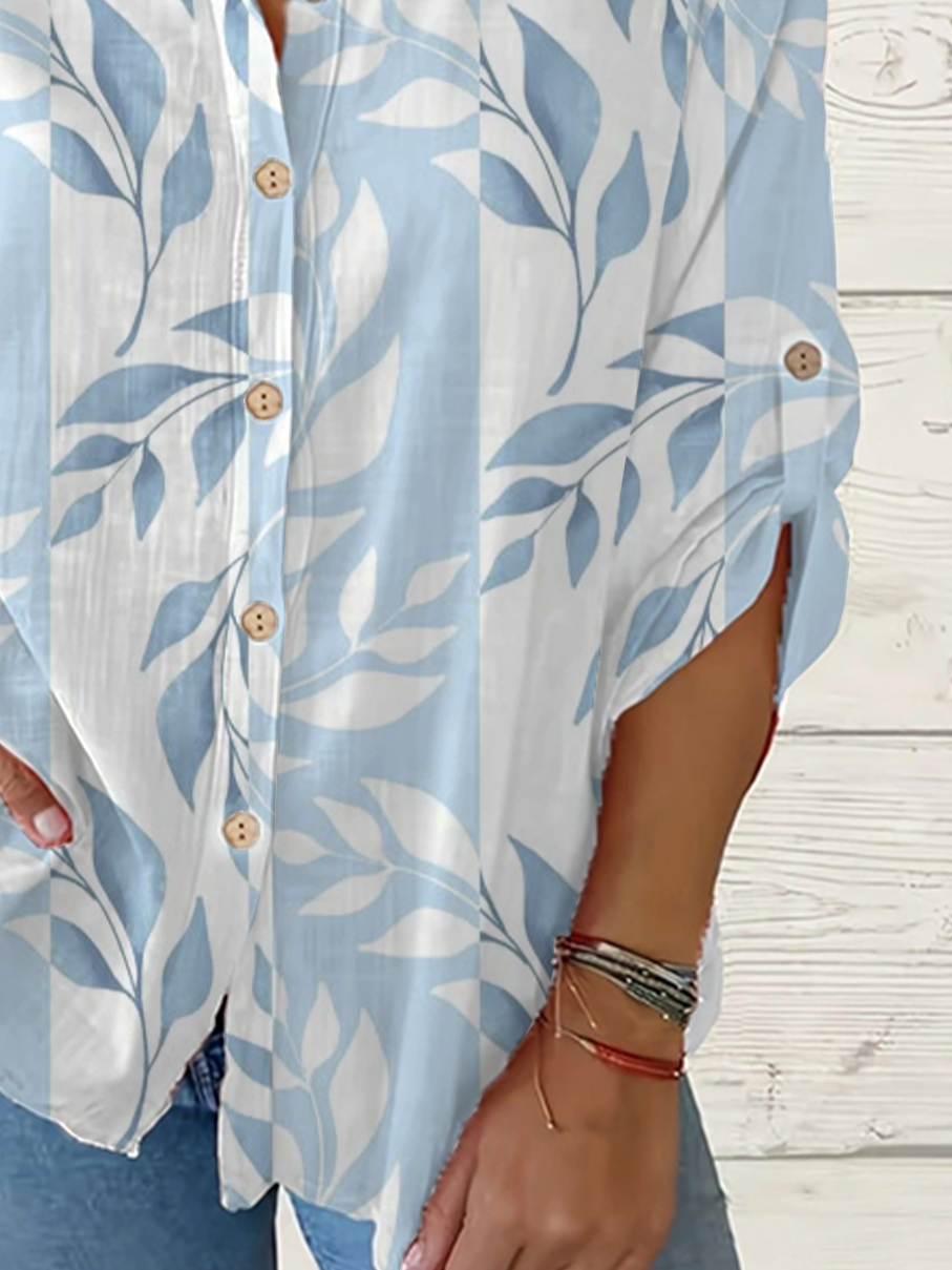 Women Floral Long Sleeve Shirt Spring/Fall Printing Stand Collar Daily Casual Top