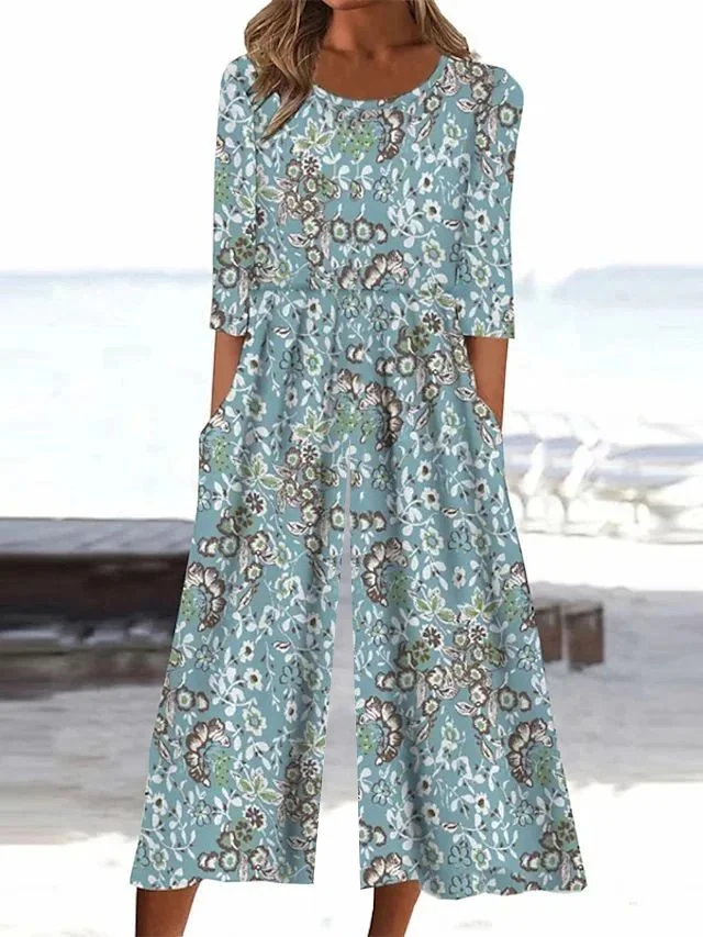 Women Floral Crew Neck Short Sleeve Casual Summer Jumpsuit