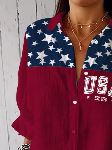 Women Independence Day (Flag) Three Quarter Sleeve Shirt Spring/Fall Printing Shirt Collar Daily Casual Top