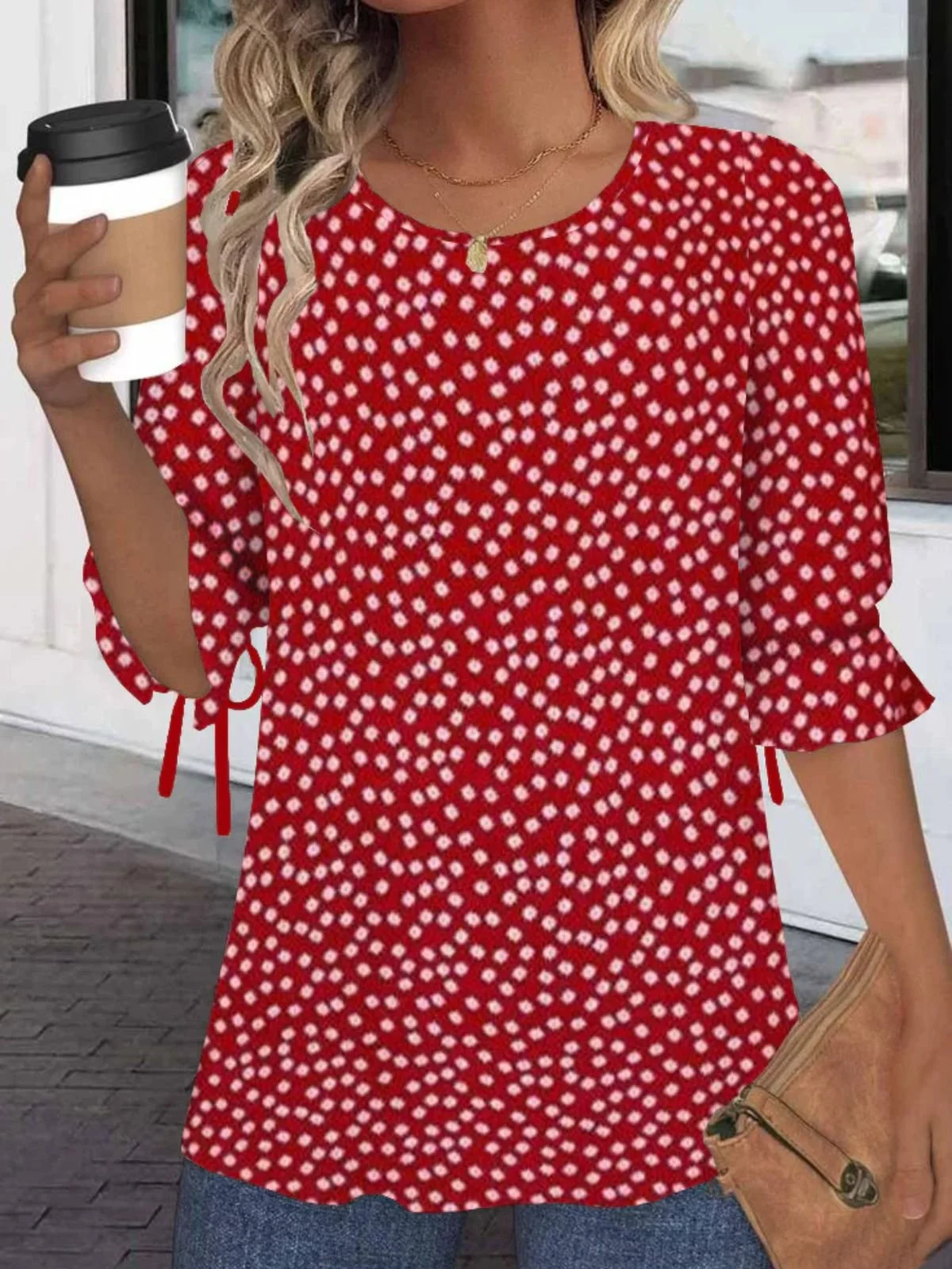 Women Floral Half Sleeve Blouse Summer Crew Neck Balloon Sleeve Daily Casual Top