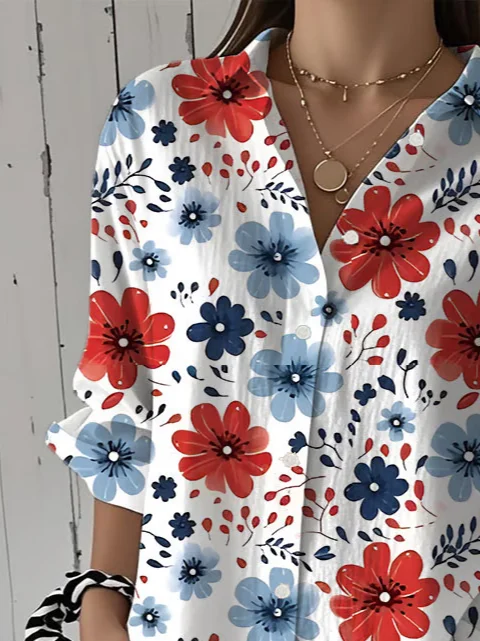 Women Floral Three Quarter Sleeve Shirt Spring/Fall Printing Shirt Collar Daily Casual Top