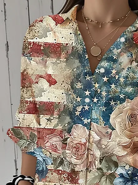 Women Floral Three Quarter Sleeve Shirt Spring/Fall Printing Shirt Collar Daily Casual Top