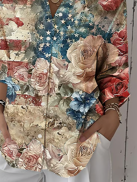Women Floral Three Quarter Sleeve Shirt Spring/Fall Printing Shirt Collar Daily Casual Top