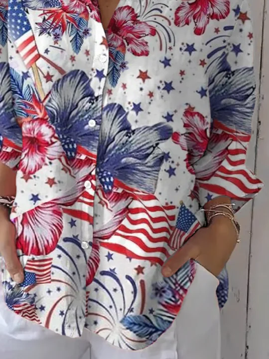 Women Floral Three Quarter Sleeve Shirt Spring/Fall Printing Shirt Collar Daily Casual Top