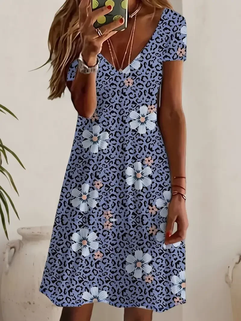 Women Floral Short Sleeve Summer Printing Dress V Neck Daily Casual Midi Fit & Flare Dress A-Line Dress