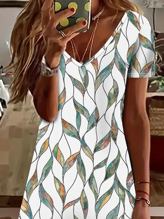 Women Floral Short Sleeve Summer Printing Dress V Neck Daily Casual Midi Fit & Flare Dress A-Line Dress