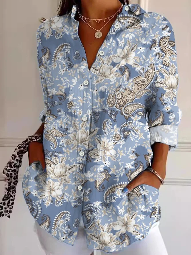Women's Long Sleeve Shirt Spring/Fall Cashew Flowers Shirt Collar Daily Going Out Casual Top
