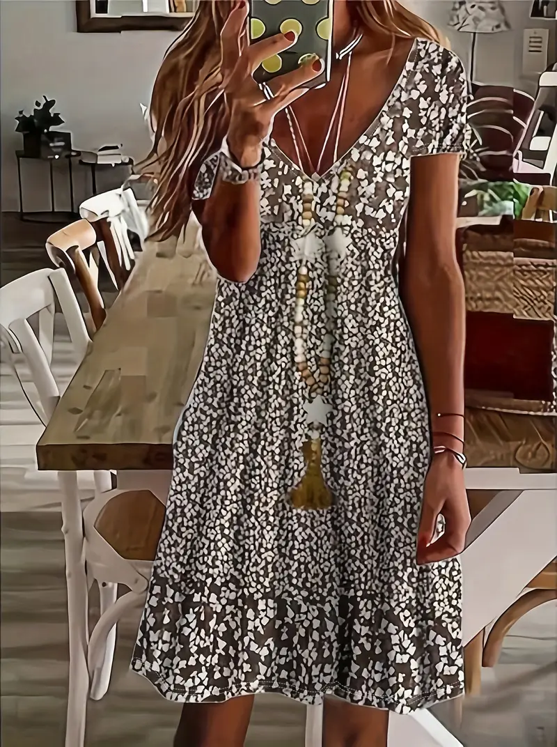 Women Floral Short Sleeve Summer Printing Dress V Neck Daily Casual Midi Fit & Flare Dress A-Line Dress