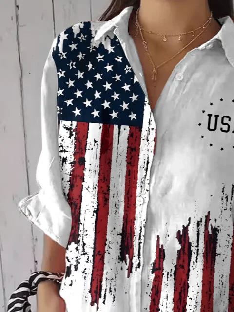 Women Independence Day (Flag) Three Quarter Sleeve Shirt Spring/Fall Printing Shirt Collar Daily Casual Top