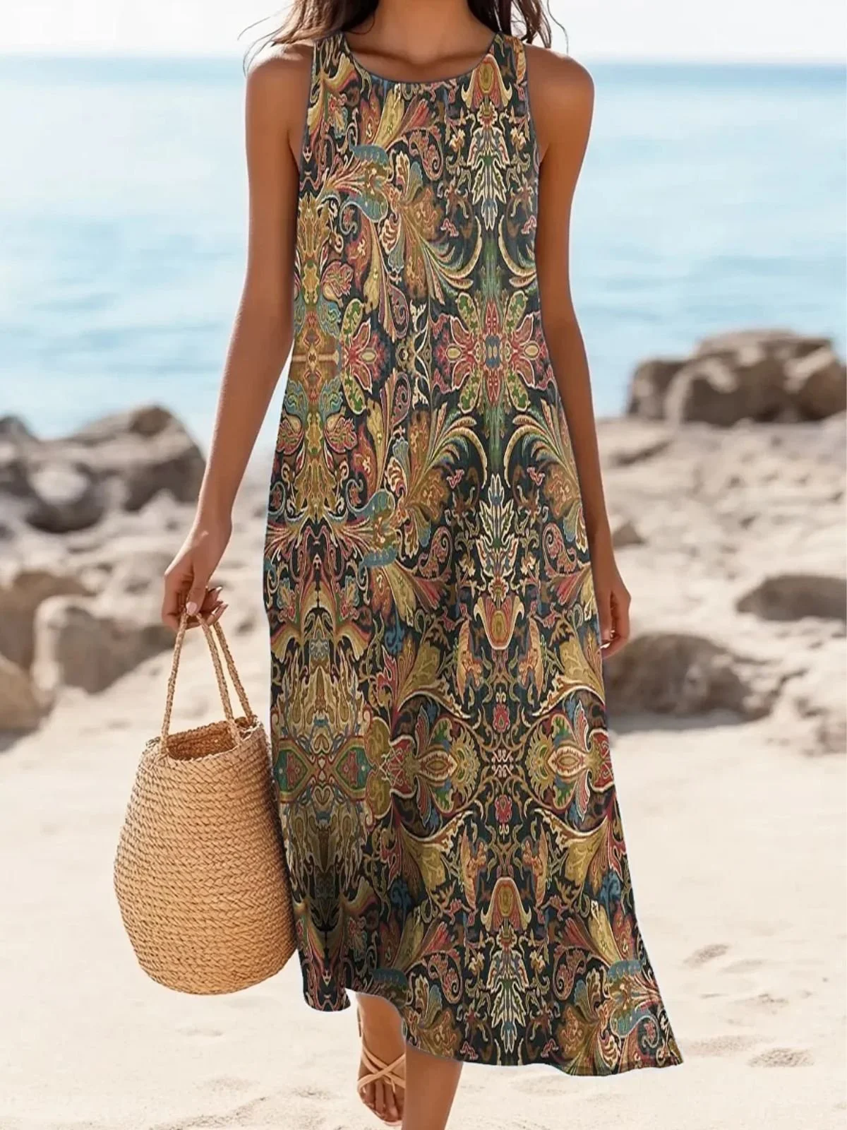 Women Floral Sleeveless Summer Dress Crew Neck Daily Casual Maxi A-Line Dress