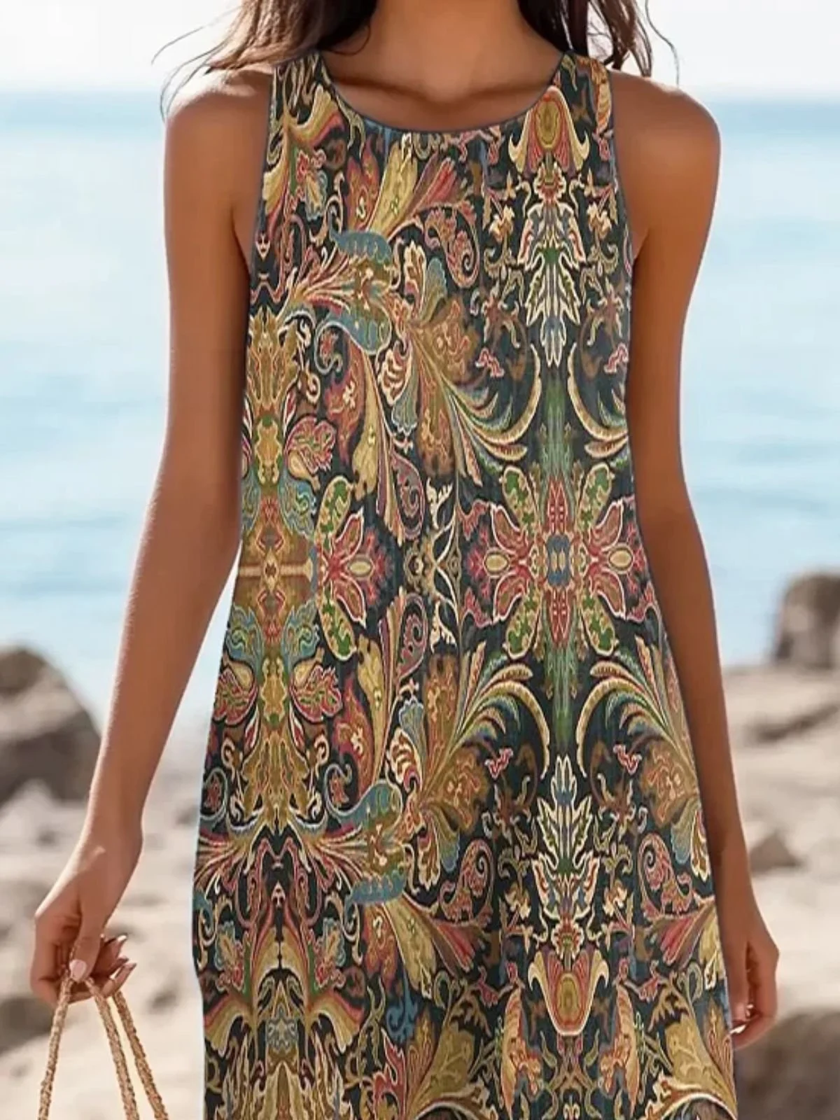 Women Floral Sleeveless Summer Dress Crew Neck Daily Casual Maxi A-Line Dress