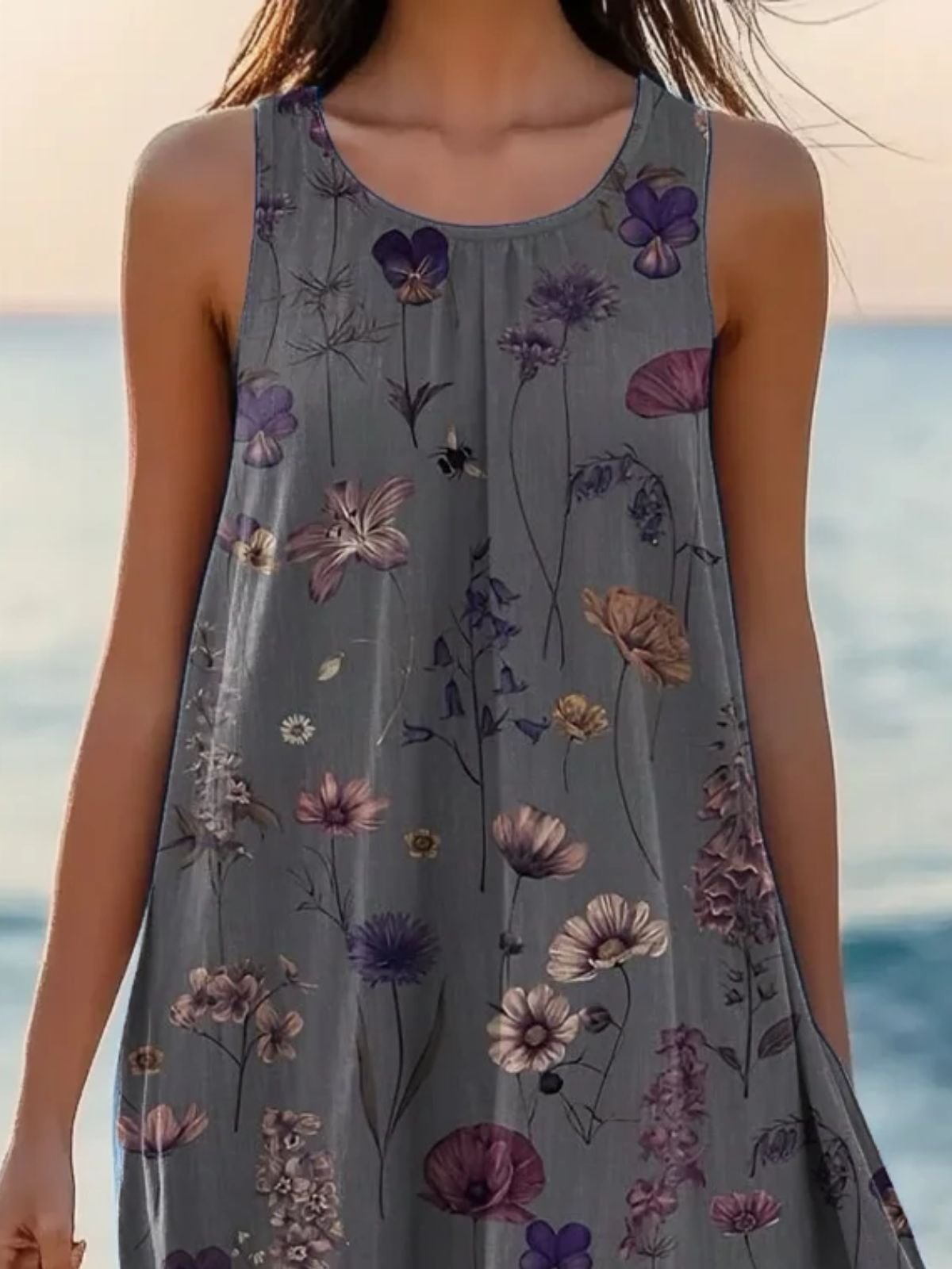 Women Floral Sleeveless Summer Dress Crew Neck Daily Casual Midi A-Line Dress