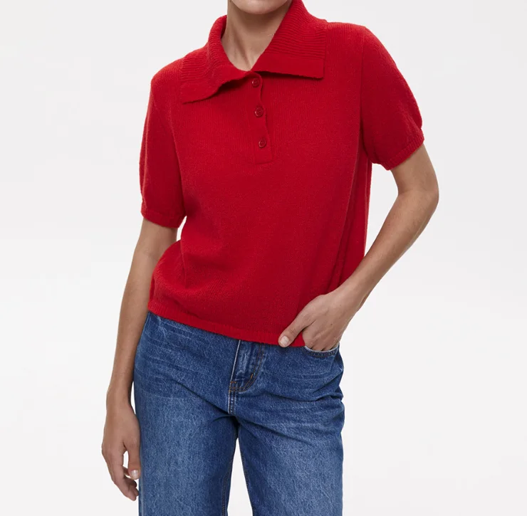 Women Plain Short Sleeve Tee T-shirt Shawl Collar Buckle Casual Summer Top