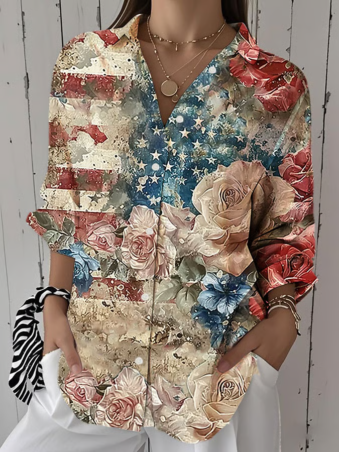 Women Floral Three Quarter Sleeve Shirt Spring/Fall Printing Shirt Collar Daily Casual Top
