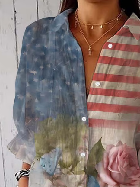 Women Floral Three Quarter Sleeve Shirt Spring/Fall Printing Shirt Collar Daily Casual Top